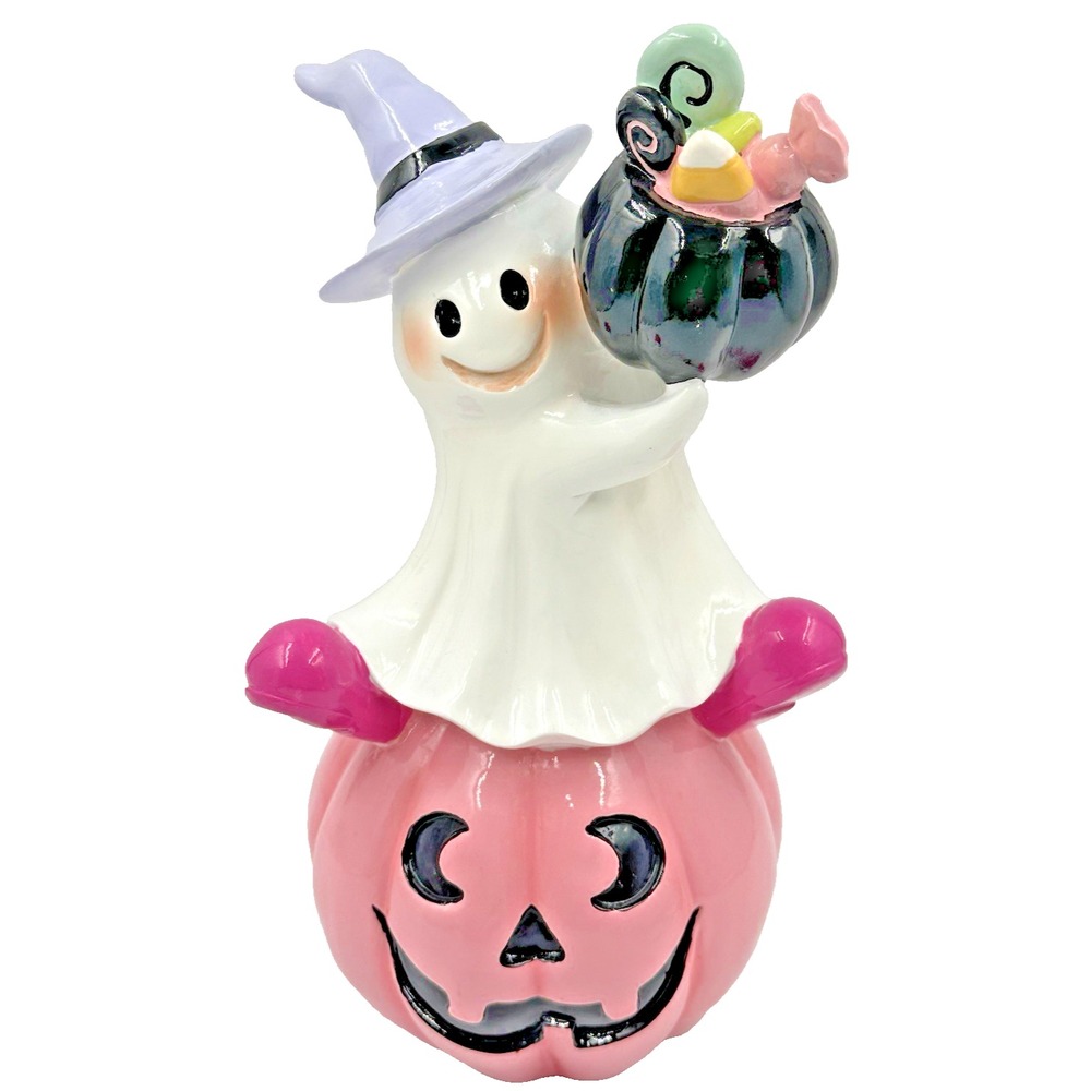 Goblin & Ghoul Pink Ghost Pumpkin Figurine Candy Bucket Halloween Decor